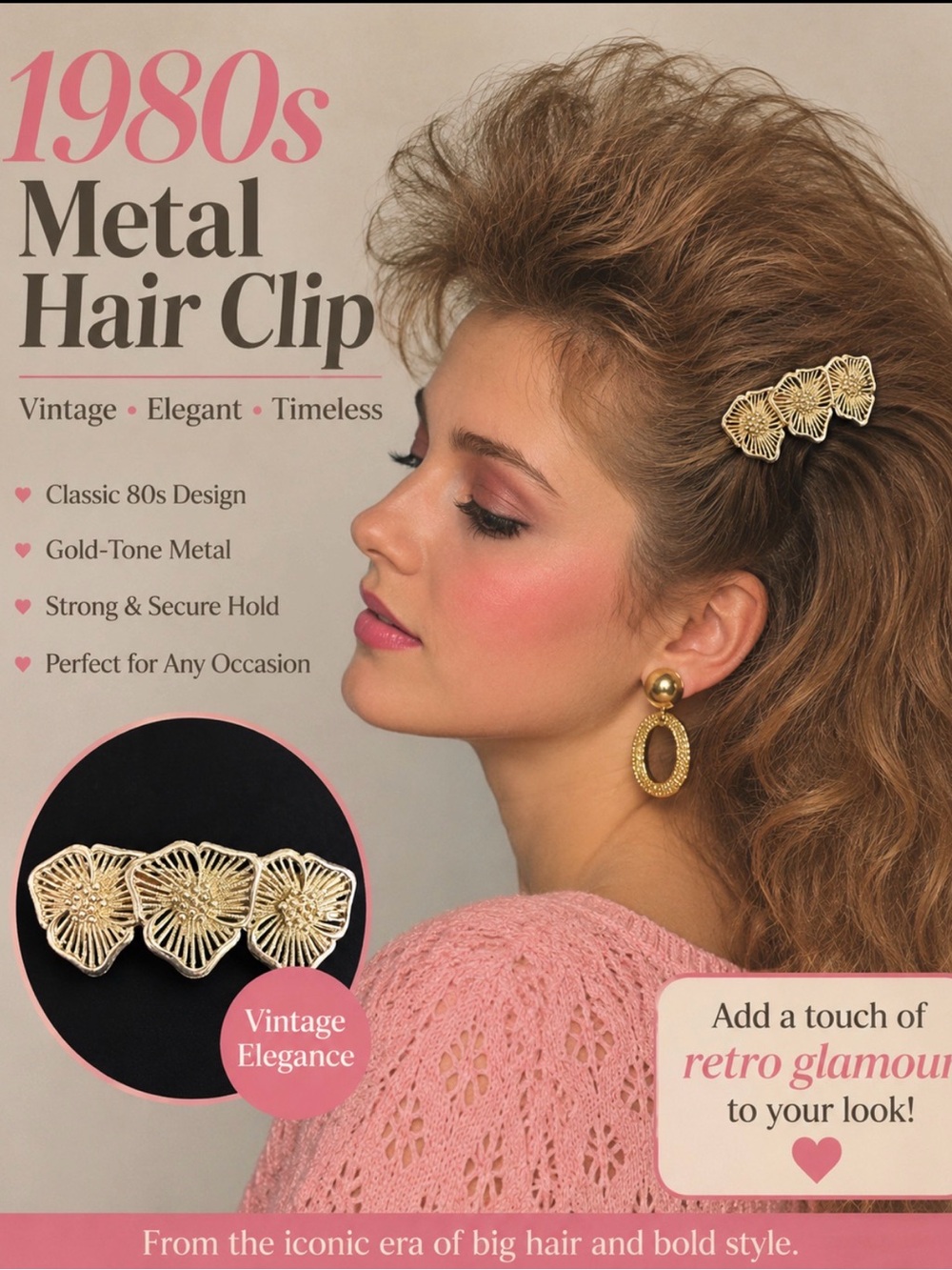 The Vintage 80s Large Metal Goldtone Hair Clip by Philips